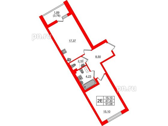 Квартира в ЖК «Черная Речка», 1 комнатная, 51.08 м², 2 этаж