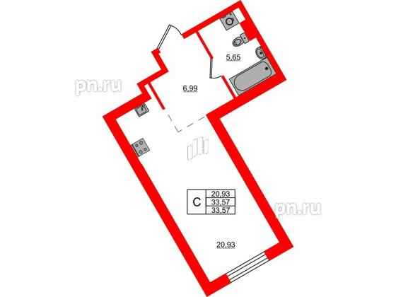 Квартира в ЖК «Черная Речка», студия, 33.57 м², 1 этаж