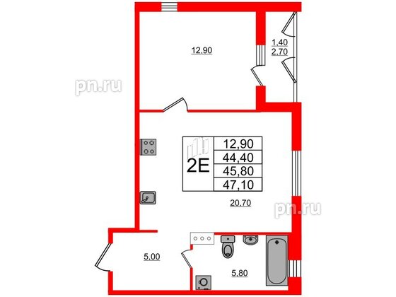 Квартира в ЖК Дзета, 1 комнатная, 45.8 м², 3 этаж