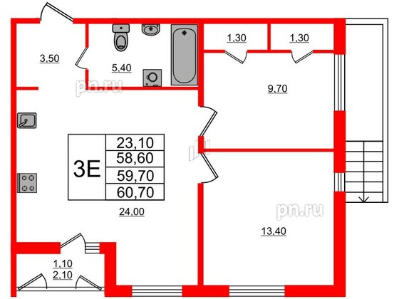 Квартира в ЖК Дзета, 2 комнатная, 59.7 м², 1 этаж