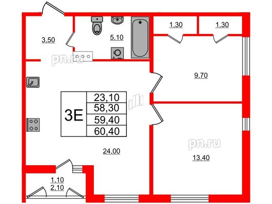 Квартира в ЖК Дзета, 2 комнатная, 59.4 м², 2 этаж