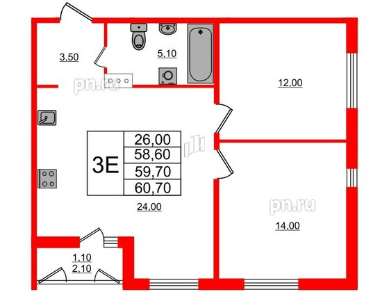 Квартира в ЖК Дзета, 2 комнатная, 59.7 м², 3 этаж