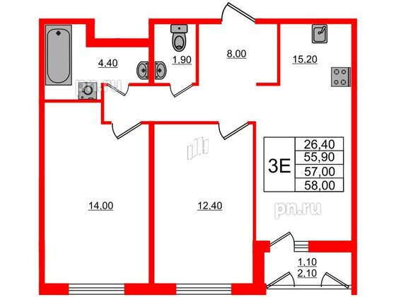 Квартира в ЖК Дзета, 2 комнатная, 57 м², 1 этаж