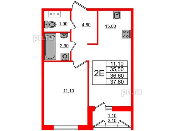 Квартира в ЖК Дзета, 1 комнатная, 36.6 м², 2 этаж