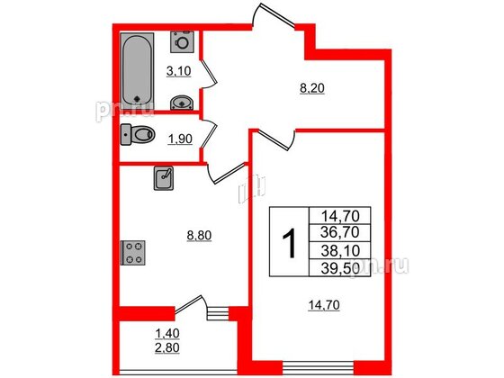 Квартира в ЖК Дзета, 1 комнатная, 38.1 м², 2 этаж