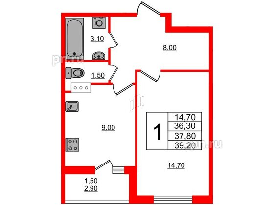 Квартира в ЖК Дзета, 1 комнатная, 37.8 м², 3 этаж