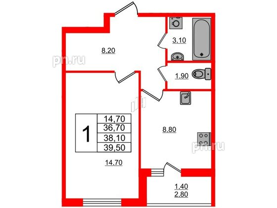 Квартира в ЖК Дзета, 1 комнатная, 38.1 м², 2 этаж