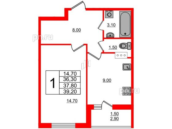 Квартира в ЖК Дзета, 1 комнатная, 37.8 м², 3 этаж