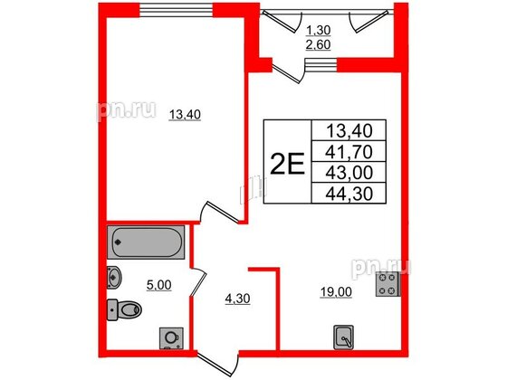 Квартира в ЖК Дзета, 1 комнатная, 43 м², 1 этаж