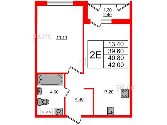 Квартира в ЖК «Дзета», 1 комнатная, 41.1 м², 7 этаж