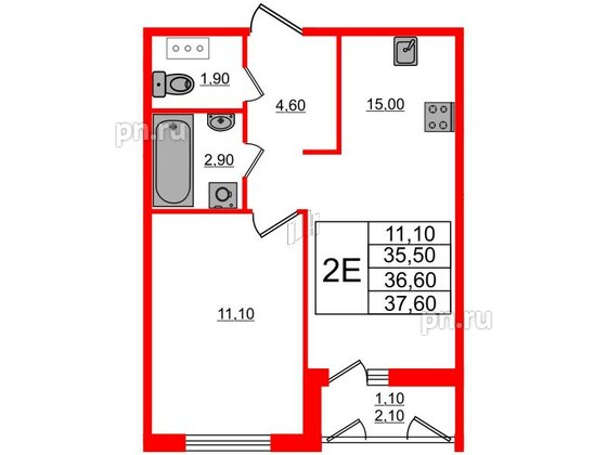 Квартира в ЖК Дзета, 1 комнатная, 36.6 м², 2 этаж