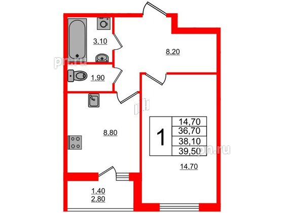 Квартира в ЖК Дзета, 1 комнатная, 38.1 м², 2 этаж