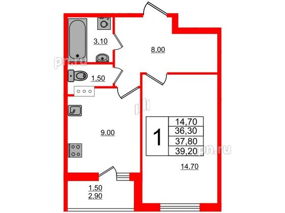 Квартира в ЖК Дзета, 1 комнатная, 37.8 м², 3 этаж