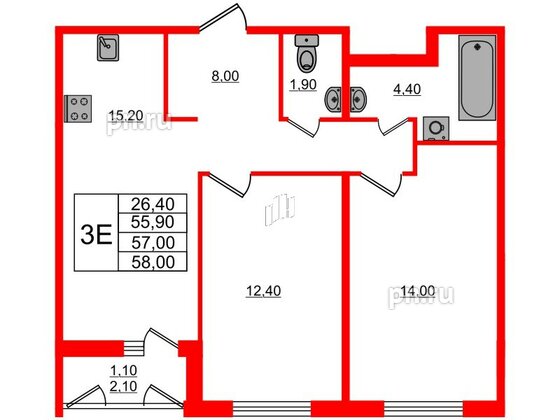 Квартира в ЖК Дзета, 2 комнатная, 57 м², 1 этаж