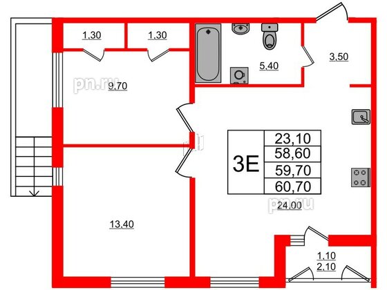 Квартира в ЖК Дзета, 2 комнатная, 59.7 м², 1 этаж