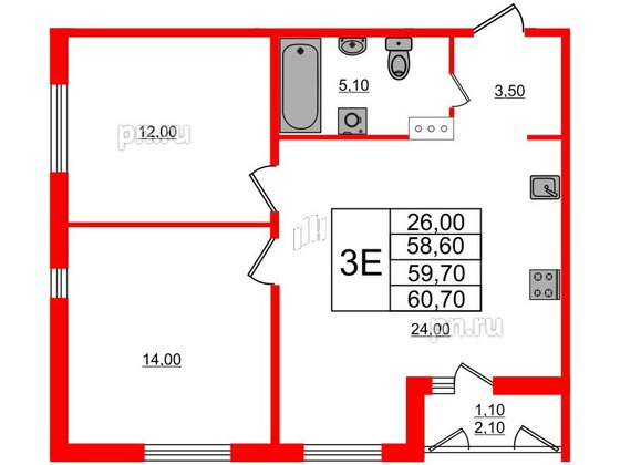 Квартира в ЖК Дзета, 2 комнатная, 59.7 м², 3 этаж