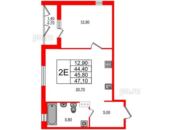 Квартира в ЖК Дзета, 1 комнатная, 45.8 м², 3 этаж