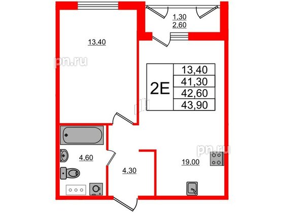 Квартира в ЖК «Дзета», 1 комнатная, 42.9 м², 8 этаж