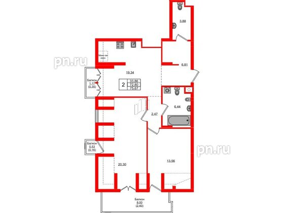 Квартира в ЖК «Фридланд», 2 комнатная, 75.67 м², 7 этаж