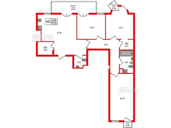 Квартира в ЖК «Фридланд», 3 комнатная, 101.62 м², 2 этаж