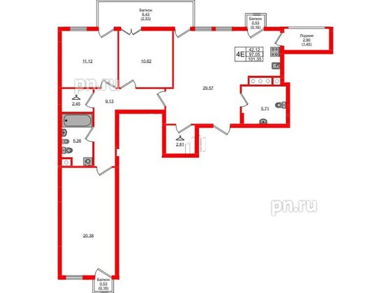 Квартира в ЖК «Фридланд», 3 комнатная, 101.35 м², 3 этаж