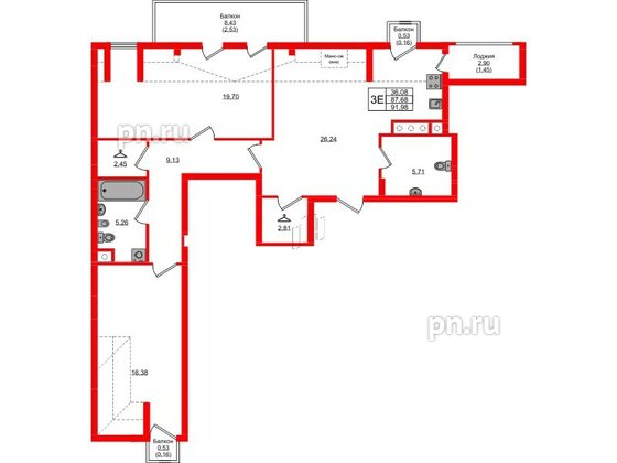 Квартира в ЖК «Фридланд», 2 комнатная, 91.98 м², 7 этаж