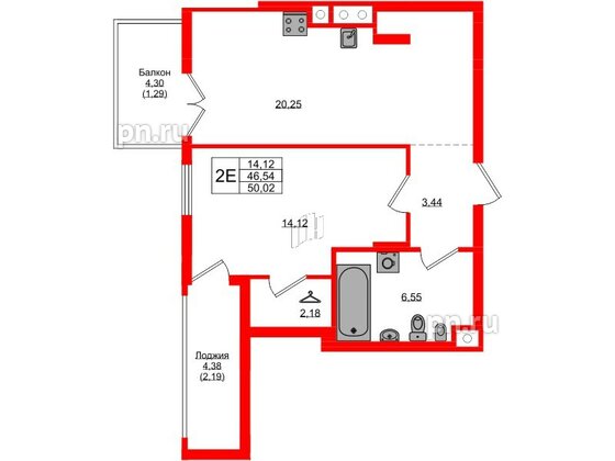 Квартира в ЖК «Фридланд», 1 комнатная, 50.02 м², 5 этаж