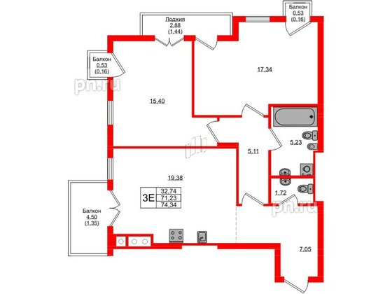 Квартира в ЖК «Фридланд», 2 комнатная, 74.34 м², 1 этаж