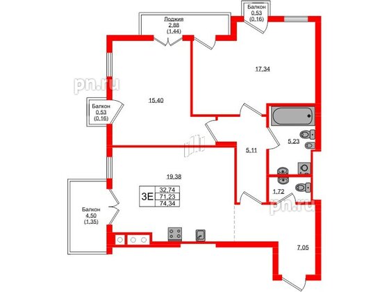 Квартира в ЖК «Фридланд», 2 комнатная, 74.34 м², 4 этаж