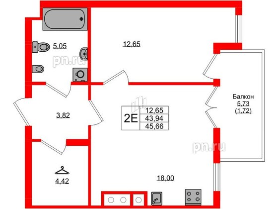 Квартира в ЖК «Фридланд», 1 комнатная, 43.94 м², 2 этаж