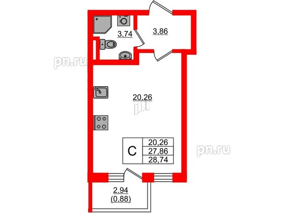 Квартира в ЖК Новая история, студия, 28.74 м², 1 этаж