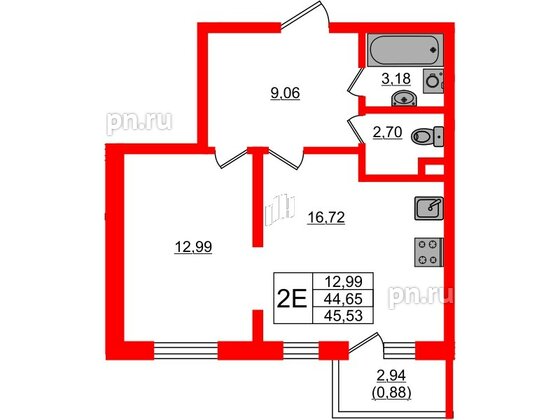 Квартира в ЖК Новая история, 1 комнатная, 45.53 м², 1 этаж