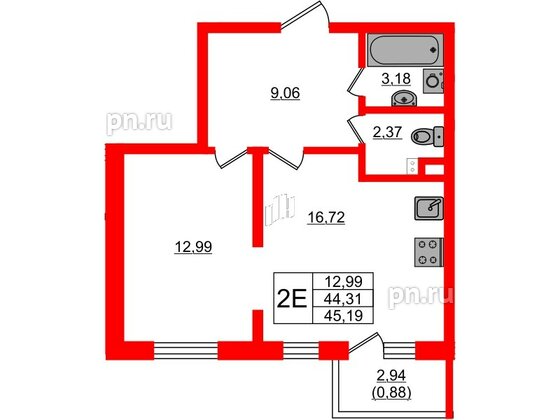 Квартира в ЖК Новая история, 1 комнатная, 45.19 м², 2 этаж