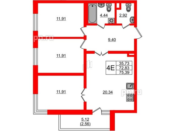 Квартира в ЖК Новая история, 3 комнатная, 75.39 м², 1 этаж