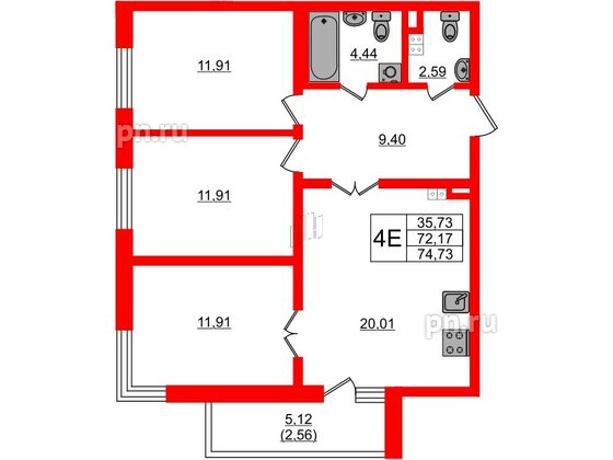 Квартира в ЖК Новая история, 3 комнатная, 74.73 м², 3 этаж