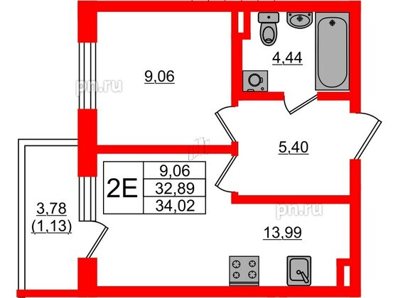 Квартира в ЖК Новая история, 1 комнатная, 34.02 м², 1 этаж