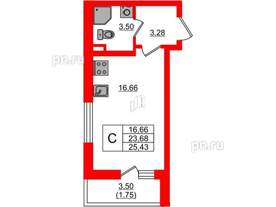 Квартира в ЖК Новая история, студия, 25.43 м², 1 этаж