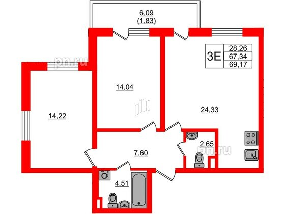 Квартира в ЖК Новая история, 2 комнатная, 69.17 м², 1 этаж