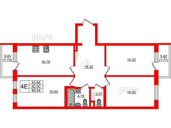 Квартира в ЖК «Новая история», 3 комнатная, 82.8 м², 4 этаж