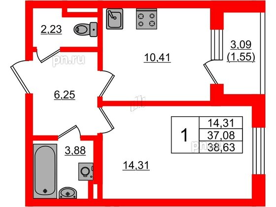 Квартира в ЖК Новая история, 1 комнатная, 38.63 м², 1 этаж