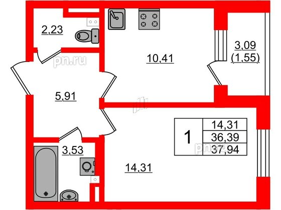 Квартира в ЖК Новая история, 1 комнатная, 37.94 м², 2 этаж