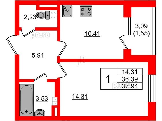 Квартира в ЖК Новая история, 1 комнатная, 37.94 м², 3 этаж