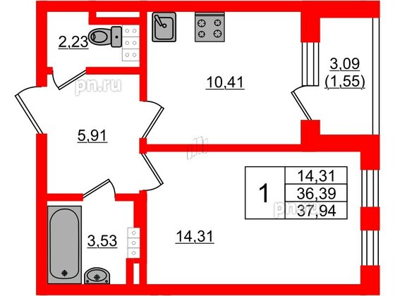 Квартира в ЖК Новая история, 1 комнатная, 37.94 м², 4 этаж