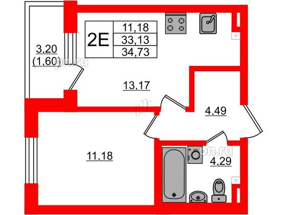 Квартира в ЖК Новая история, 1 комнатная, 34.73 м², 2 этаж