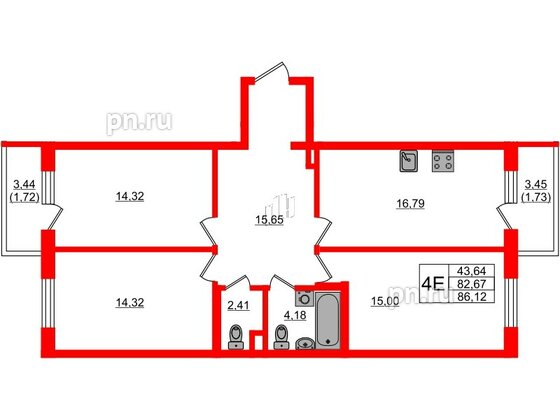 Квартира в ЖК Новая история, 3 комнатная, 86.12 м², 1 этаж