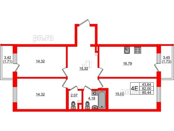 Квартира в ЖК Новая история, 3 комнатная, 85.44 м², 2 этаж