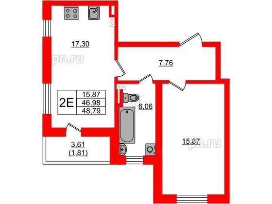 Квартира в ЖК Новая история, 1 комнатная, 48.79 м², 3 этаж