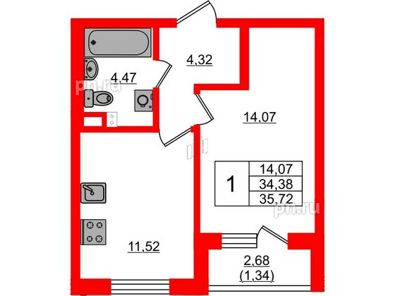 Квартира в ЖК Новая история, 1 комнатная, 35.72 м², 2 этаж