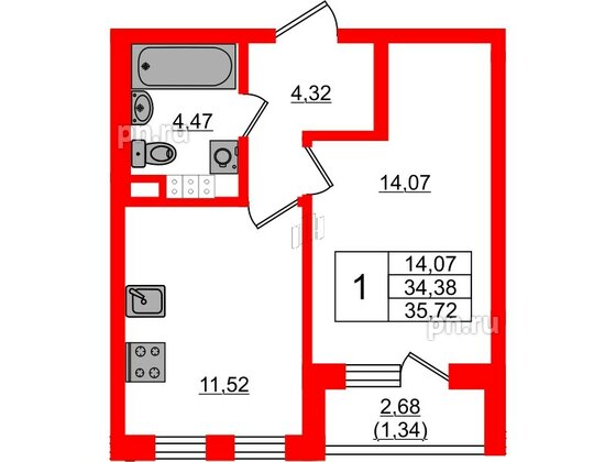 Квартира в ЖК Новая история, 1 комнатная, 35.72 м², 4 этаж