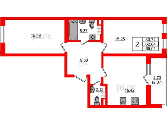 Квартира в ЖК Новая история, 2 комнатная, 65.01 м², 4 этаж